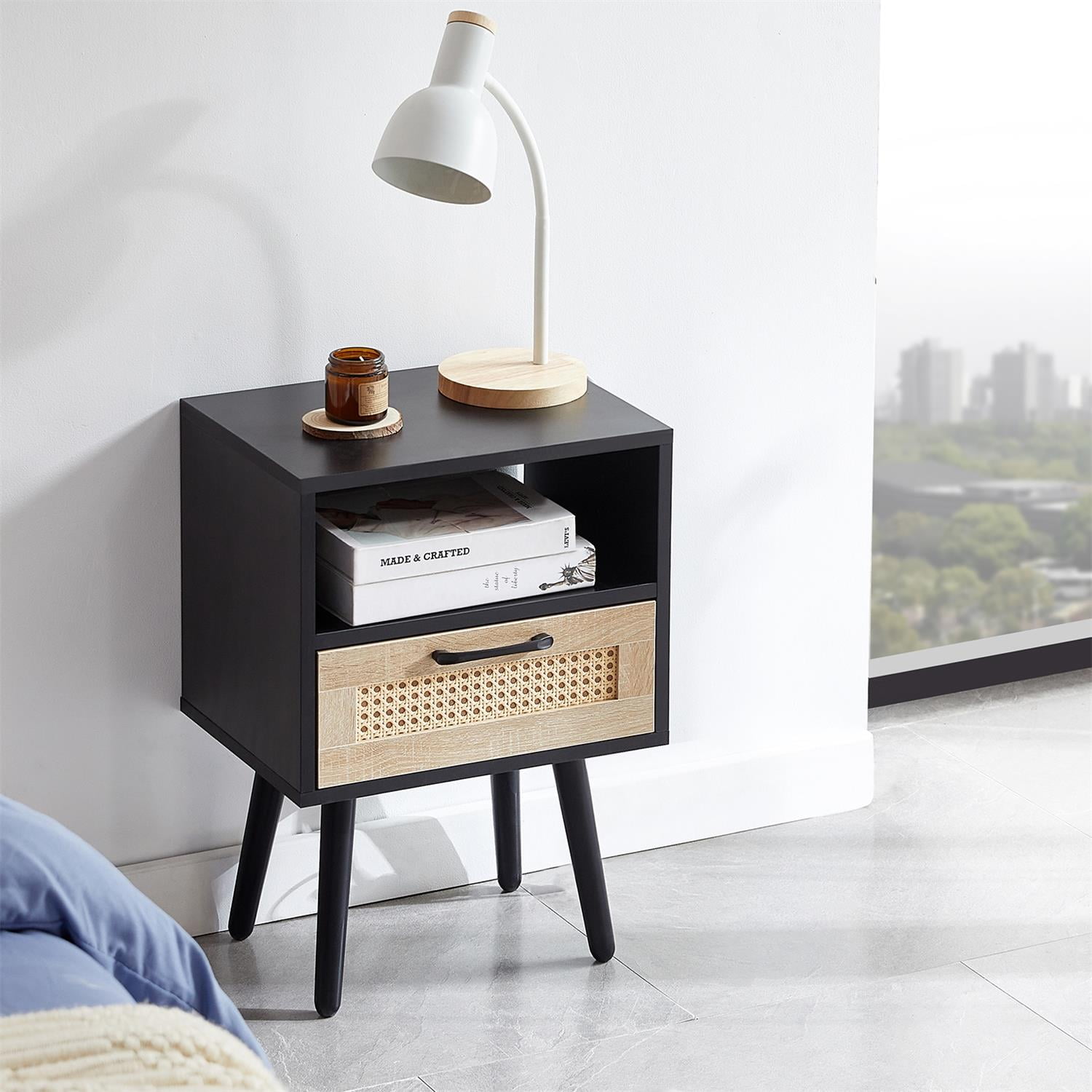 Kadyn 15.75" Rattan End Table, Modern Nightstand with Drawer And Solid Wood Legs, Wood Bedside Table for Living Roon, Bedroom, Black Kadyn 15.75" Rattan End Table, Modern Nightstand with Drawer And Solid Wood Legs, Wood Bedside Table for Living Roon, Bedroom, Black