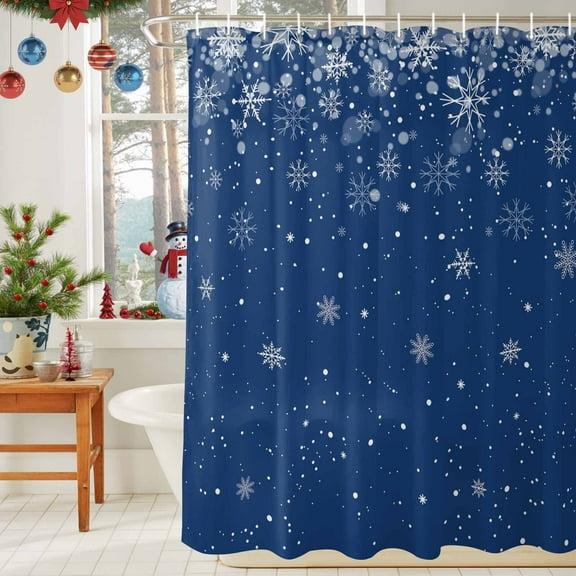 Shower Curtain Bathroom Set Christmas Winter Snowflakes Waterproof Fabric Shower Curtains with Grommets&Hooks White Snowflake Seamless Blue Privacy Bath Curtain for Bathtub 36x72in