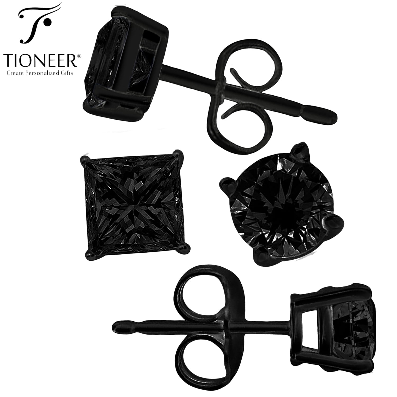 Sterling Silver 925 Dark Brilliant Round / Square Cut Cubic Zirconia