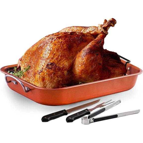 OVENTE Stainless Steel Roasting Pan with V-Shape Rack and Carving Set, 15x11.75 Inch Nonstick Roaster Tray, Oven & Dishwasher Safe Bakeware Dish for Turkey, Roasted Chicken or Beef, Copper CWR24619CO