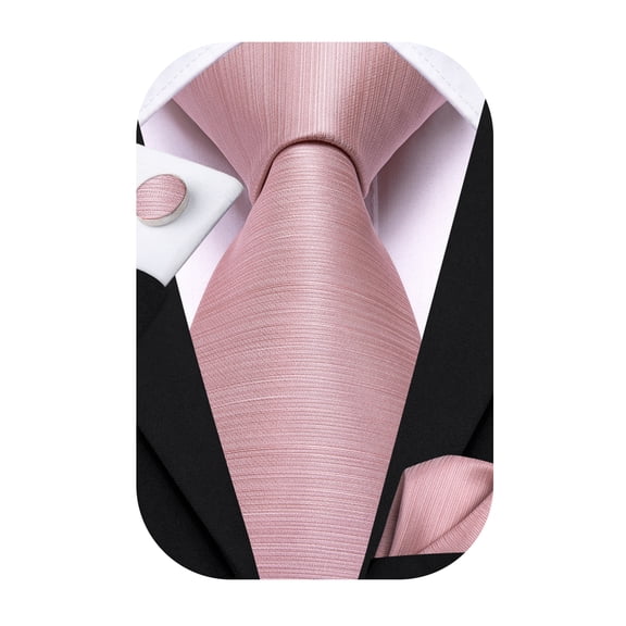 Hi-Tie Men Pink Tie Rose Pink Necktie with Pocket Square Cufflinks Set for Wedding Party