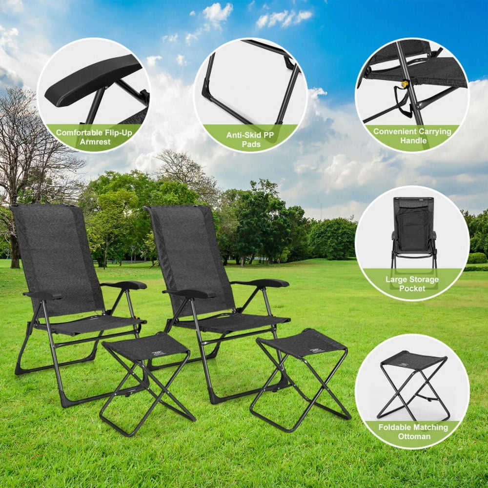 GVN Outdoor Kitchen Chair, Dinner Chairs,4 Pieces Patio Adjustable Back Folding Dining Chair Ottoman Set-Gray