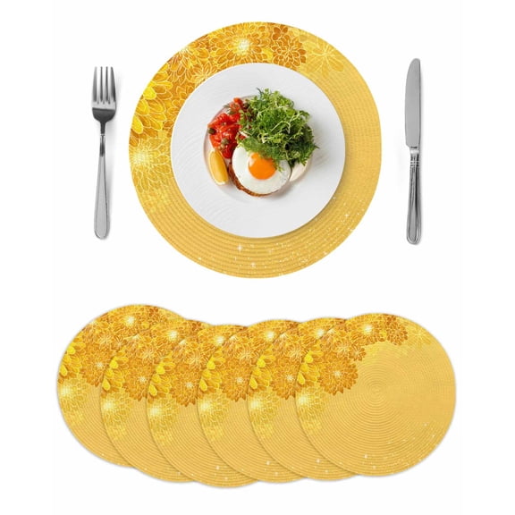 Yellow Golden Floral Round 13 Inch Placemats Set of 6, Spring Summer Shiny Flowers HeatResistant Non Slip Place Mats for Dining Table, Wipeable Braided Kitchen Table Mats for Housewarming
