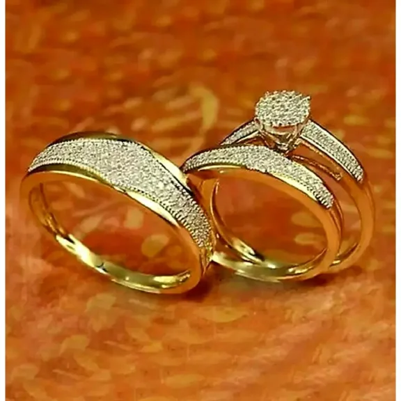 Aishvi Jewels Engagement Wedding Trio Ring Set For Men & Women - His & Her White Round Diamond Trio Band Rings - 14k Yellow Gold Plated Couple Ring