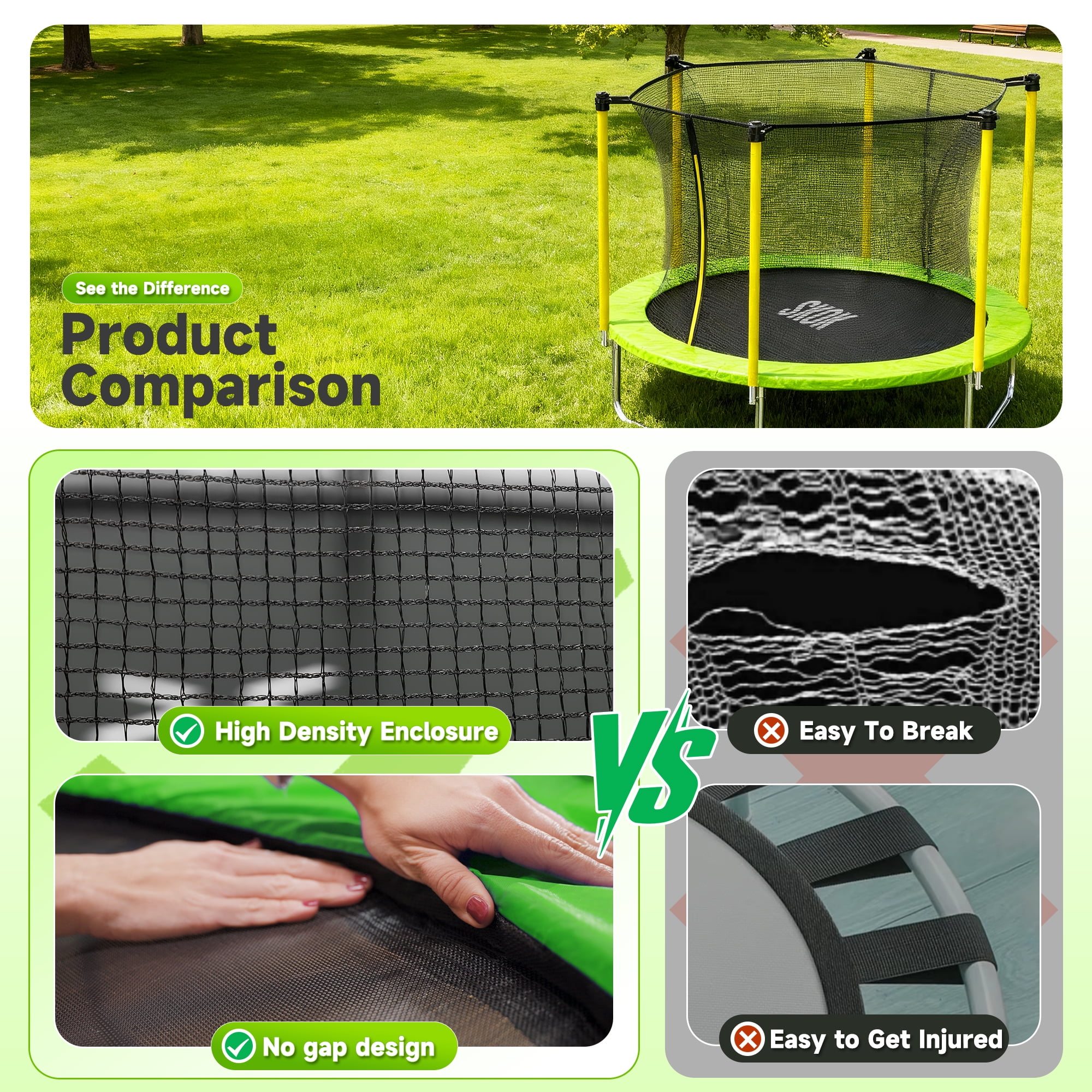 SKOK 8ft Round Trampoline for Kids & Adults, Heavy Duty Outdoor Trampoline with Safety Enclosure Net for Family Fun, Green & Yellow