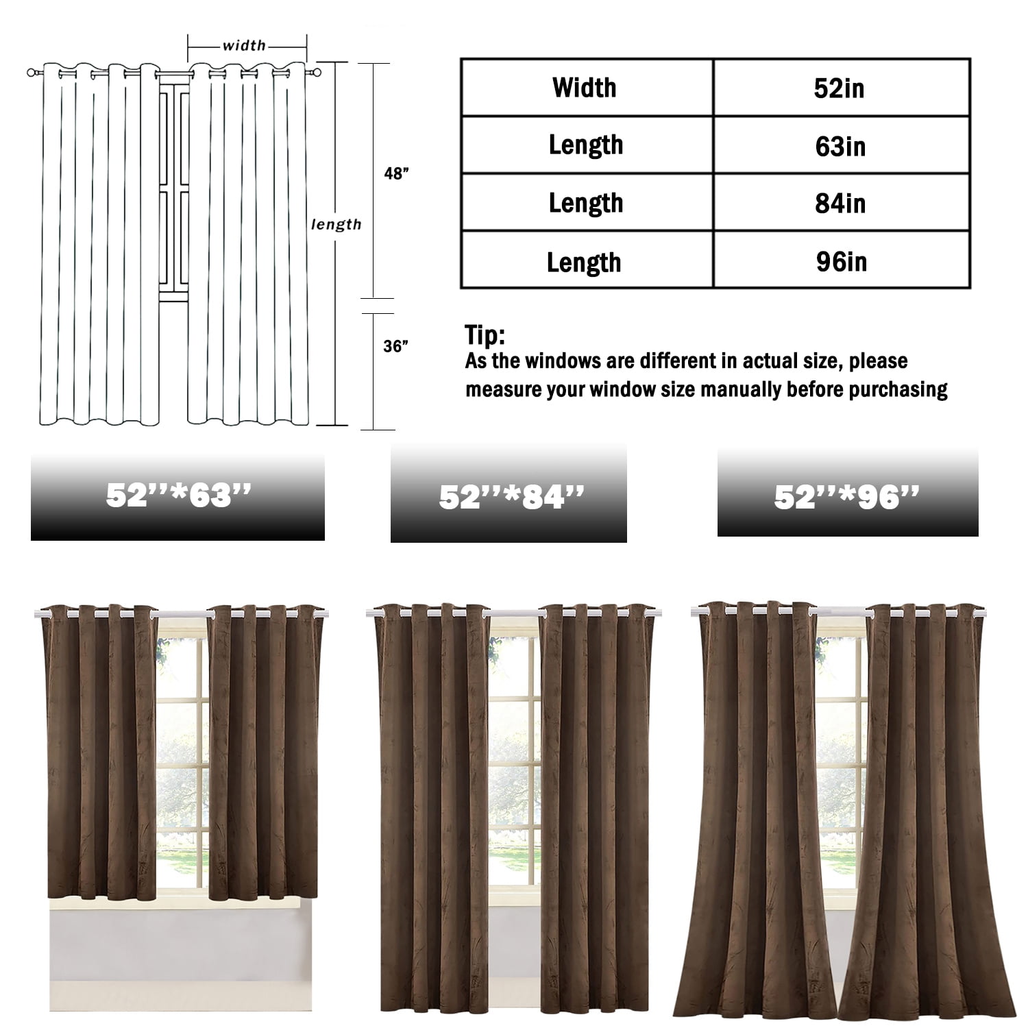 Wisewater 2 Panels Velvet Curtains Grommet Curtains Luxury Drapes, Light Blocking Curtain, Coffee, 52x84 inch