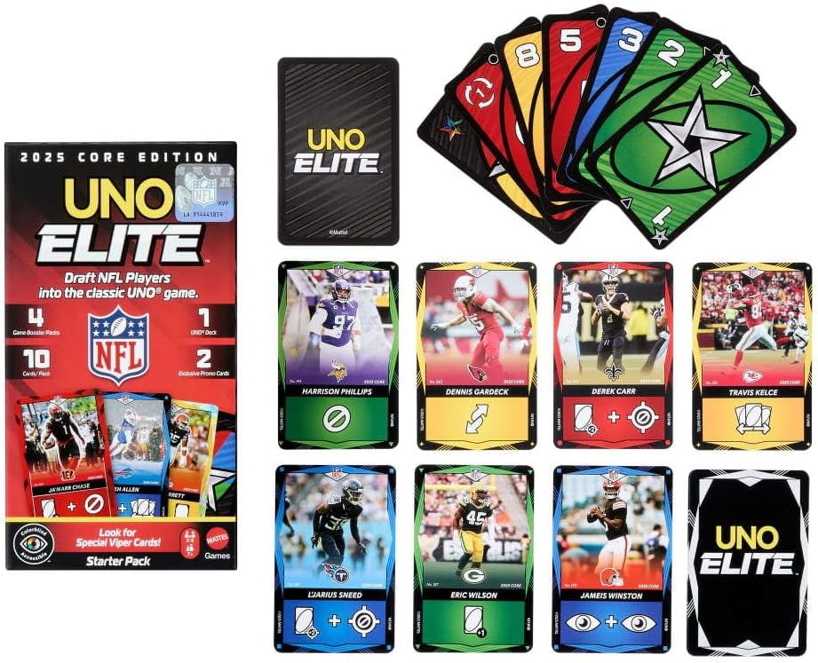 UNO Elite NFL Card Game 2025 Core Edition Starter Set With Deck, 4 Game Booster Packs & 2 Promo Cards
