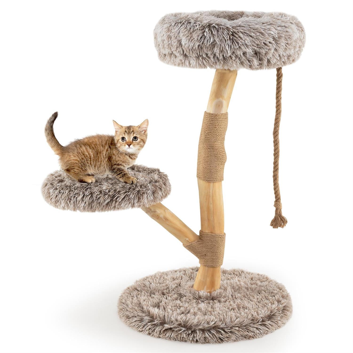 Pefilos Modern Wooden Cat Tree Tower, Top Perch & Natural Jute Scratching Posts, 3-Tier Design & Anti-Toppling, Brown