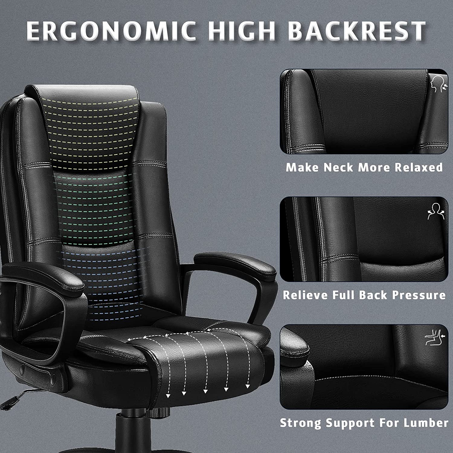Waleaf Home Office Chair, Big and Tall Desk Chair 8Hours Heavy Duty Design, Ergonomic High Back Cushion Lumbar Back Support, Computer Desk Chair, Adjustable Executive Leather Chair with Arms - image 2 of 8