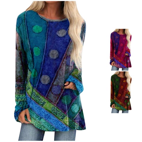 Trendfront Womens Boho Print Tunic Tops Crewneck Long Sleeve Colorful Pattern Loose Fit Casual Shirts