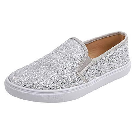 

Feversole Women s Fashion Slip-On Sneaker Casual Flat Loafers Ice Silver Size 6 M US