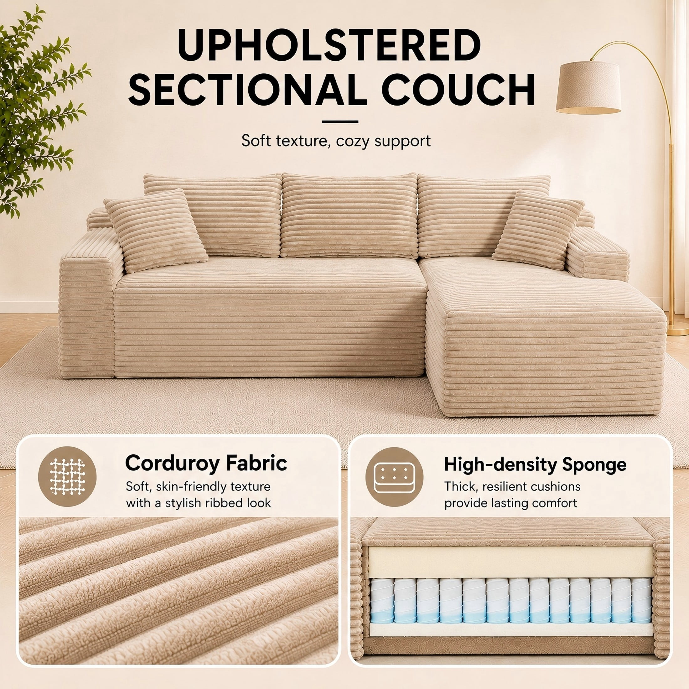 Aukfa 107" Cloud Modular Sectional Couch with Right-Facing Chaise, Corduroy Deep Seat Boneless Sofa for Living Room, Apartment, Camel