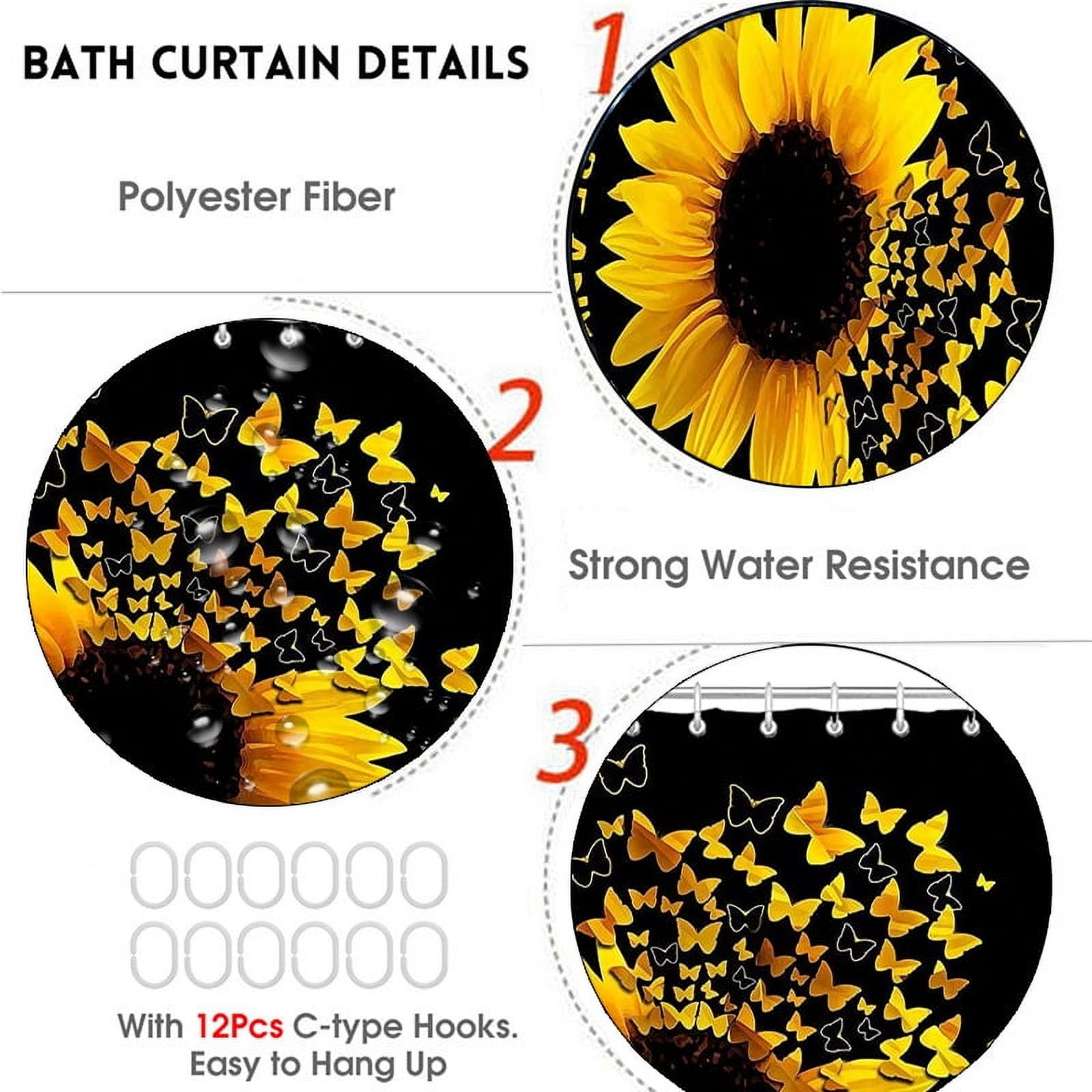 BSHAPPLUS 4pcs Bathroom Sets Sunflower Shower Curtain Sets Waterproof Fabric Shower Curtain with 12 Hooks,Bathroom Decor Shower Curtain and Rug Set Non-Slip Rug,Toilet Lid Cover and Bath Mat