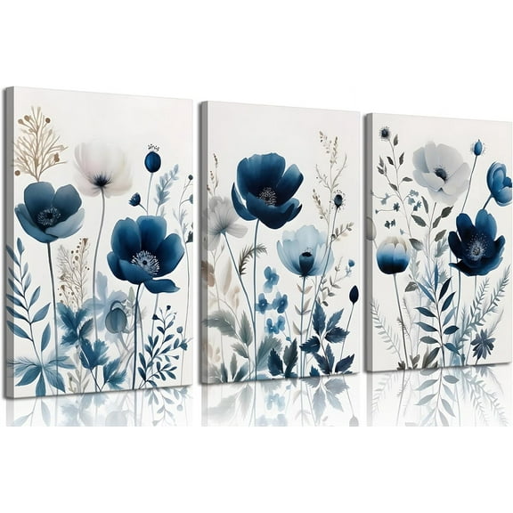 Aaroca 3Pcs Flower Canvas Navy Blue Wildflower Wall Decor Pictures Modern Watercolor Boho Botanical Floral Posters Prints for Bedroom Home Decoration 8"x10"or10"x8",Unframed(Only Canvas)