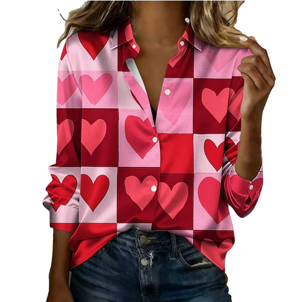 Tops de manga larga de las mujeres Casual día de San Valentín sin forro impreso de satén blusa botón-hasta solapa suéter top de las mujeres de manga larga Tops