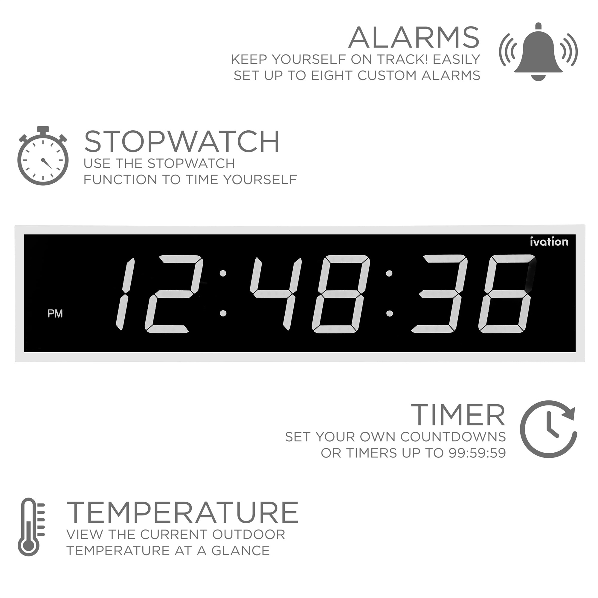 Ivation 72" LED Wall Clock with Stopwatch, Alarms, Timer, Temp & Remote