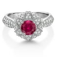 thumbnail image 3 of Gem Stone King 925 Sterling Silver Red Created Ruby and White Moissanite Engagement Ring for Women (1.39 Cttw, Center 6MM, Gemstone July Birthstone, Available in Size 5, 6, 7, 8, 9), 3 of 6