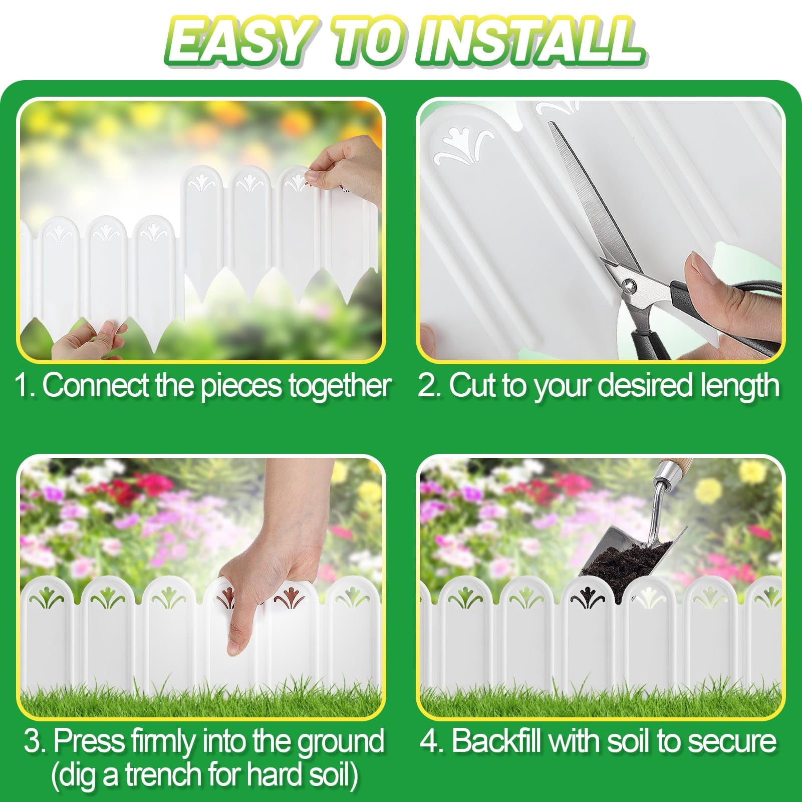 Garden Edging Border & Fences - 15ft Total Length No Need Digging Lawn Fence Border for Dividing Yard Flower Bed Areas, Included 25pcs 8.3" L x 5.9" H White Panels