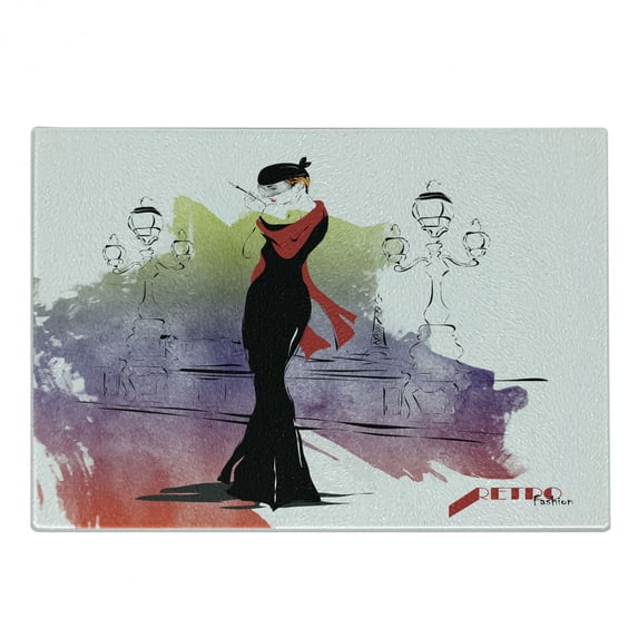 Vintage Cutting Board, Girl with Red Shawl on the Street with Lanterns Sixties Trends Retro Style Glamour, Decorative Tempered Glass Cutting and Serving Board, Small Size, Multicolor, by Ambesonne