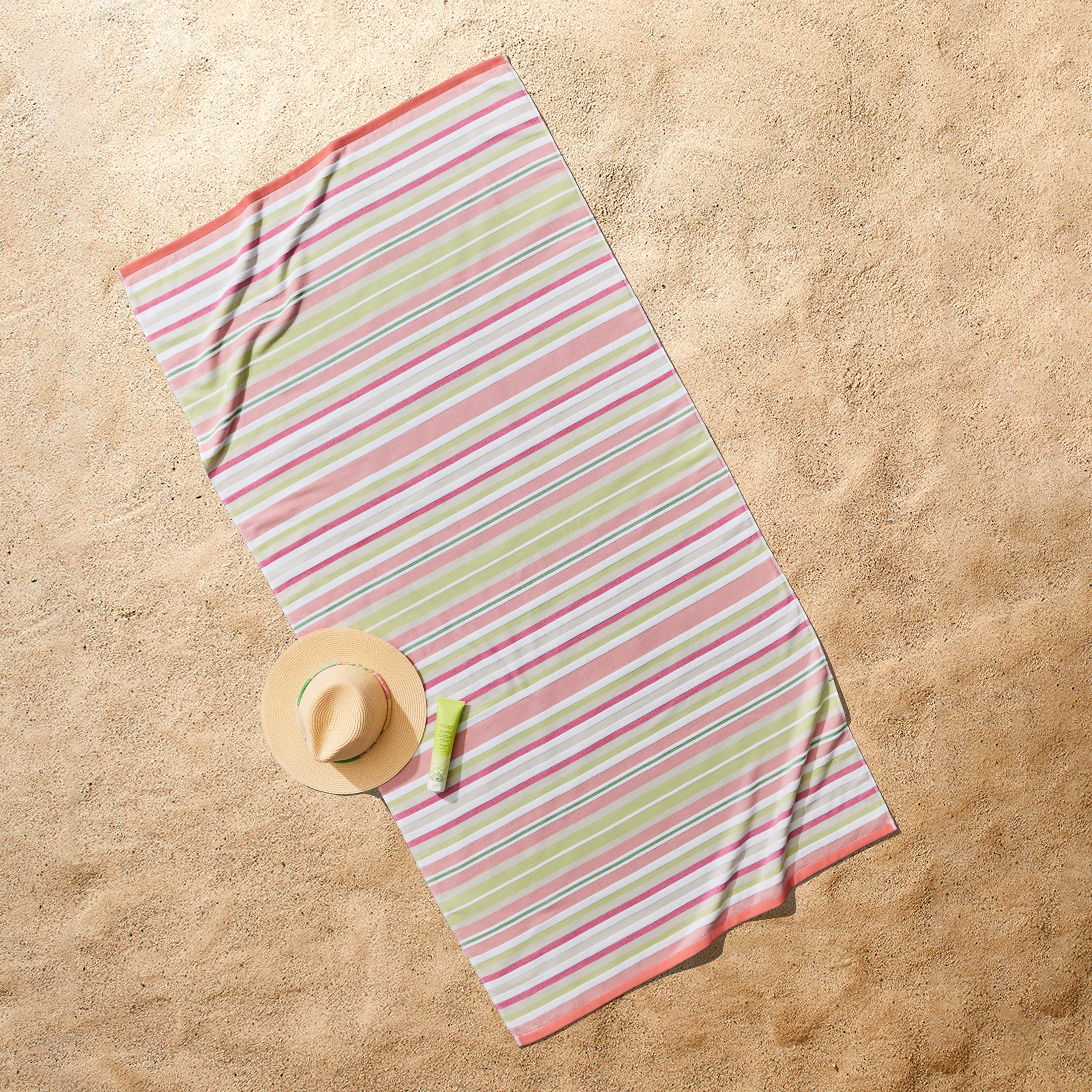 Better Homes & Gardens Coastal Tropez Striped Pink & Green Cotton-Blend Beach Towel
