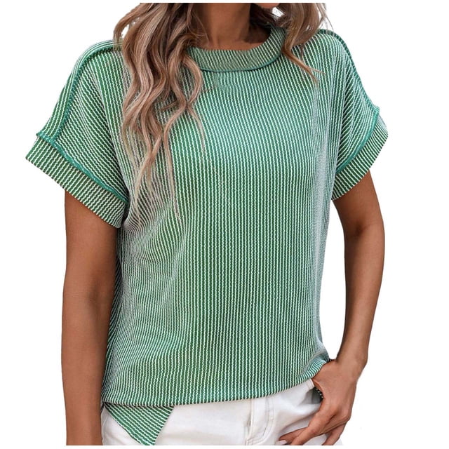 Birdeem Blouses pour Femmes Mode Décontractée Couleur Unie Design Couture Extérieure Manches Courtes Col Rond Haut