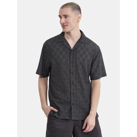 No Boundaries Men's & Big Men's Eyelet Short Sleeve Button Up Shirt, Sizes XS-3XL