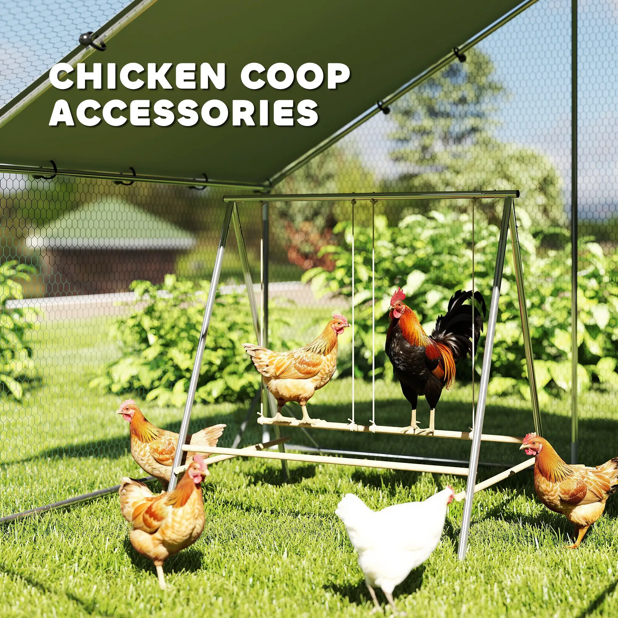 Freestanding Chicken Playground with 2 Adjustable Swings 4 Pine Wood Perches, Rust Proof Galvanized Steel Frame, Chicken Toy for 4-6 Chickens Yard Coop Run
