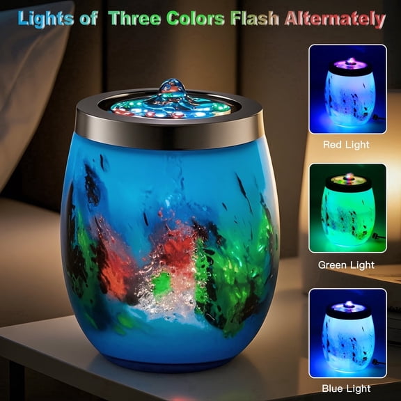 VOREEN Handblown Glass Tabletop Fountain - Art Glass Indoor Fountain with Color-Changing Glow - Artistic Indoor Water Feature with Optional Aromatherapy for Home, Spa, Office Décor - Blue
