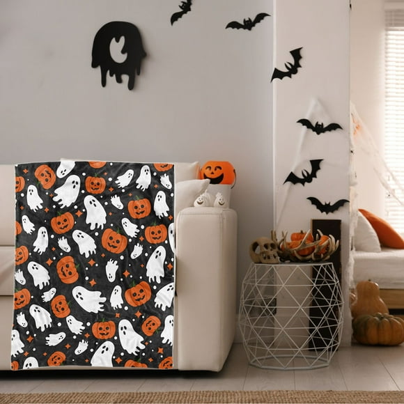 HOARBOEG Halloween Blanket 47"x31" Cute Ghost Pumpkin Skull Black Orange Print Throw Blanket Lightweight Warm Soft Blanket Farmhouse Holiday Decor for Home Living Room Sofa Couch Bed