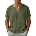 thumbnail image 3 of Men's Linen Cotton V-Neck T-Shirt Casual Beach Top Short Sleeve Summer Soft Breathable Loose Fit Daily Vacation Streetwear | Zenithor,Army Green 4XL, 3 of 9
