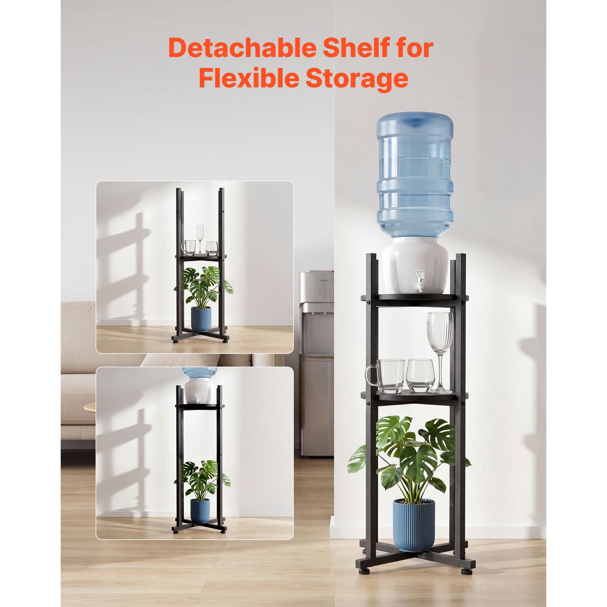 Water Dispenser Stand, 2 Tiers Water Jug Holder for 1 Bottle, Heavy Duty Jug Rack Organizer with Detachable Storage Shelf, Cross-Shaped Stable Base, for Kitchen, Office, Living Room, Black