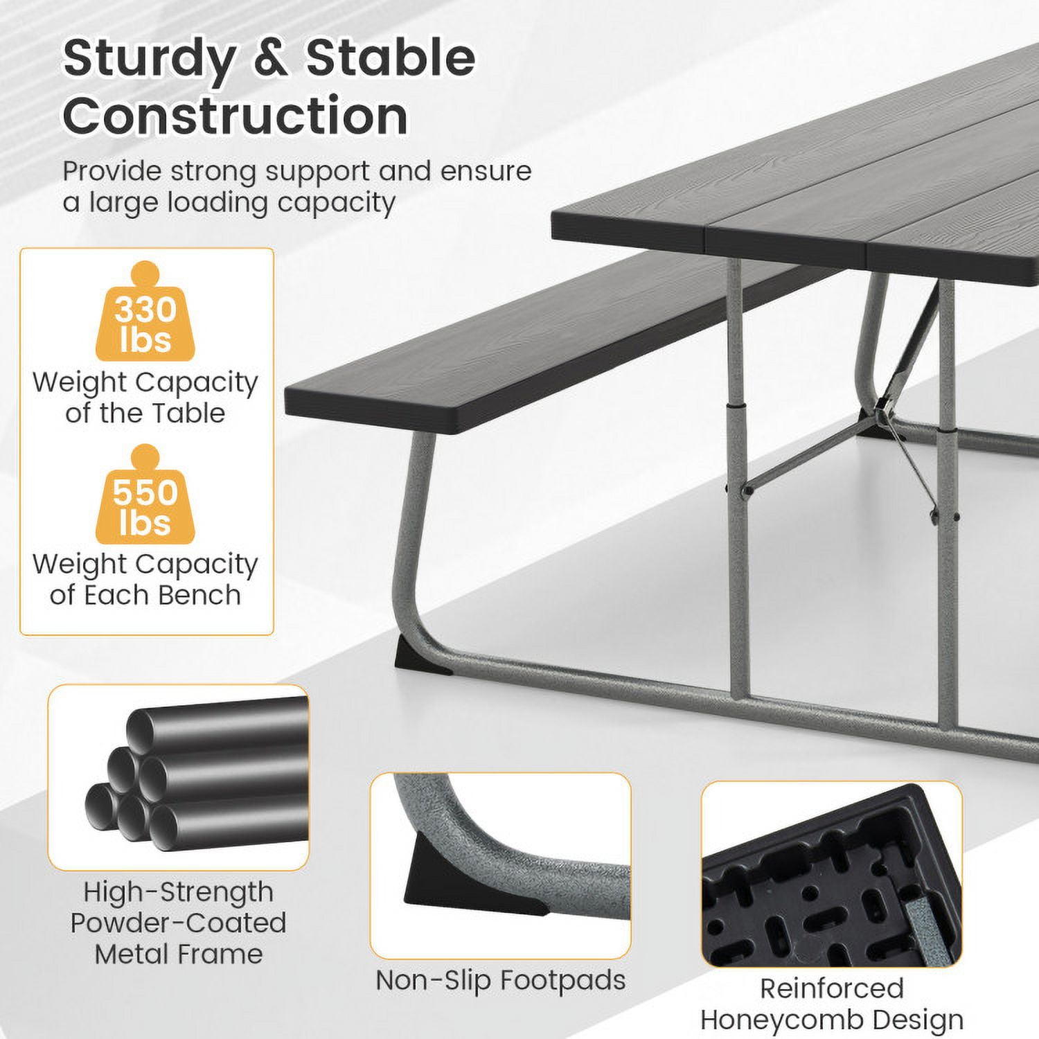 Aimee Lii Folding Picnic Table Set with Metal Frame and All-Weather HDPE Tabletop Umbrella Hole, Outdoor Patio Furniture, Black