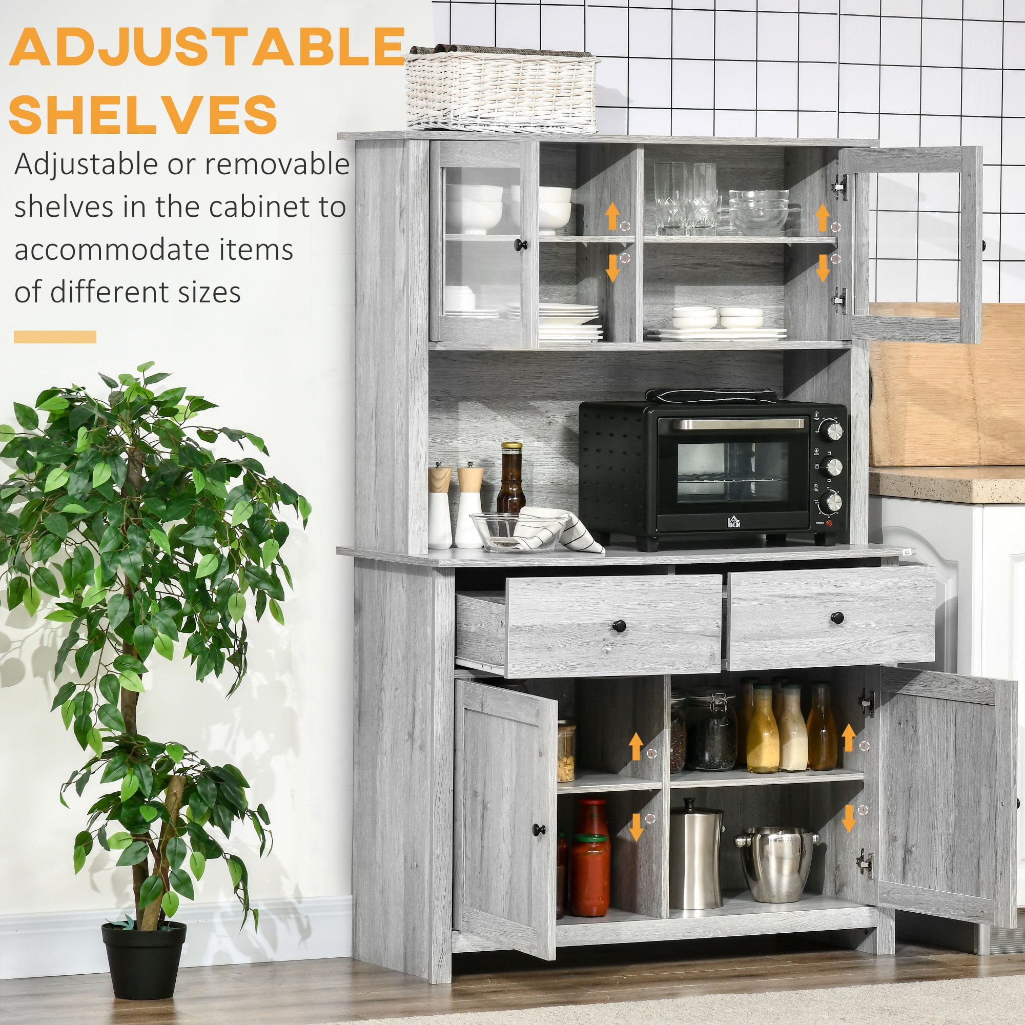 HOMCOM 63.5" Kitchen Buffet with Hutch, Pantry Storage Cabinet with 4 Shelves, Drawers, Framed Glass Doors, Open Microwave Countertop, Ash Grey