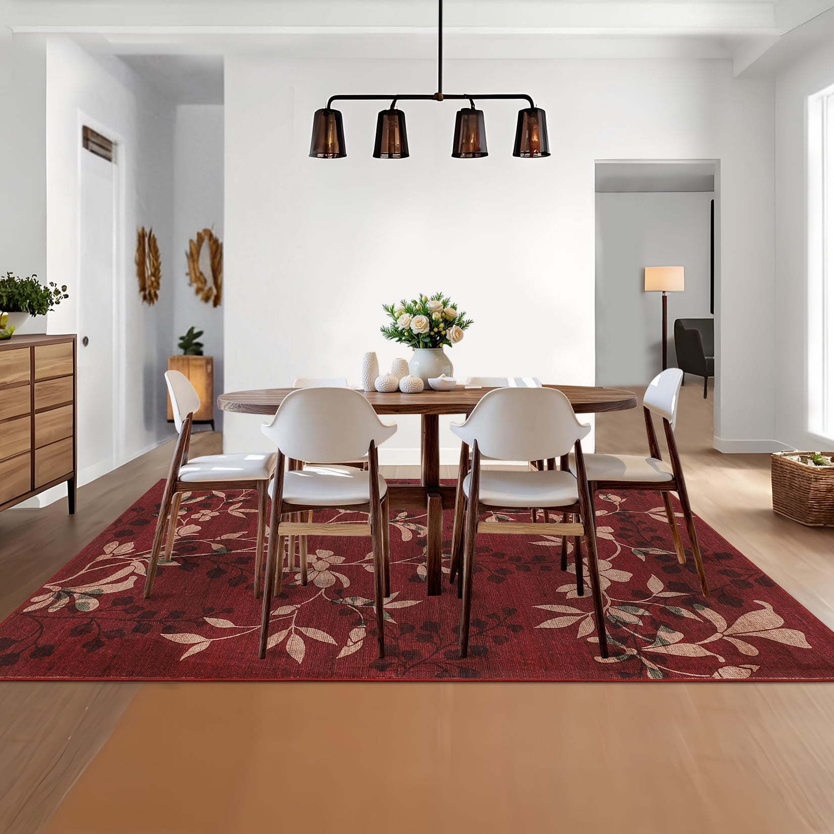 FairOnly Red 10'x13'Large Modern Floral Printed Area Rug Low Pile Non Slip Soft Carpet for Living Room