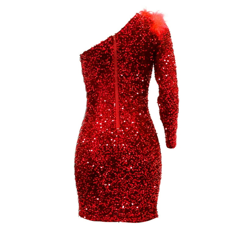 red sequin dress with fur Strapless Feather Crystal Sequin Dress Red