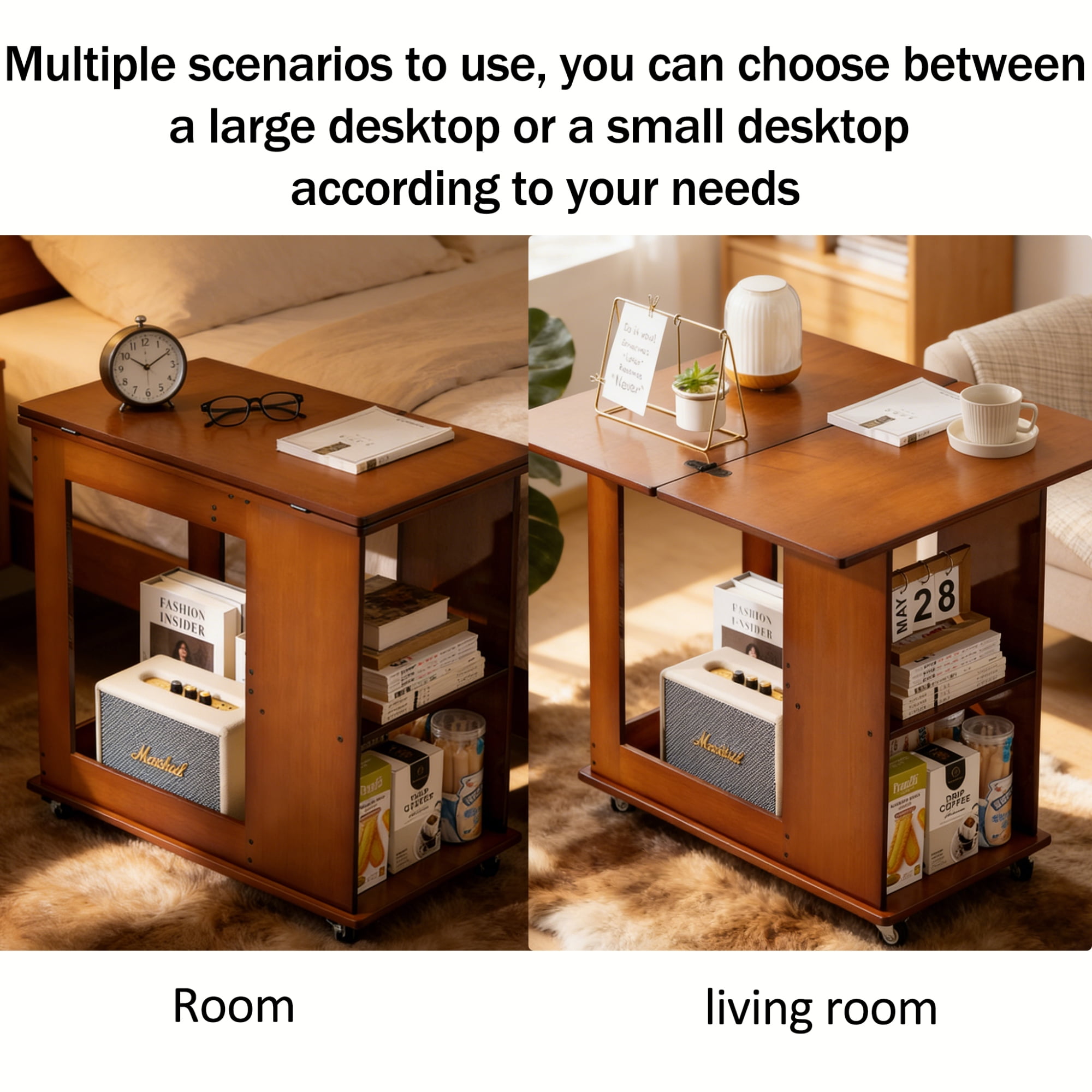 Leumius Bamboo Folding Edge Table with Movable Storage, Foldable Tabletop for Beds and Sofas, Saving space, Multiple Storage Spaces, Natural