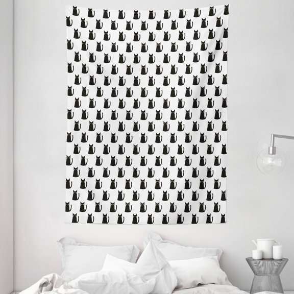 Cat Tapestry, Abstract Black Cat Figures with Pinkish Cheeks Modern Design Animals Monochrome, Wall Hanging for Bedroom Living Room Dorm Decor, 60W X 80L Inches, Black White Pink, by Ambesonne