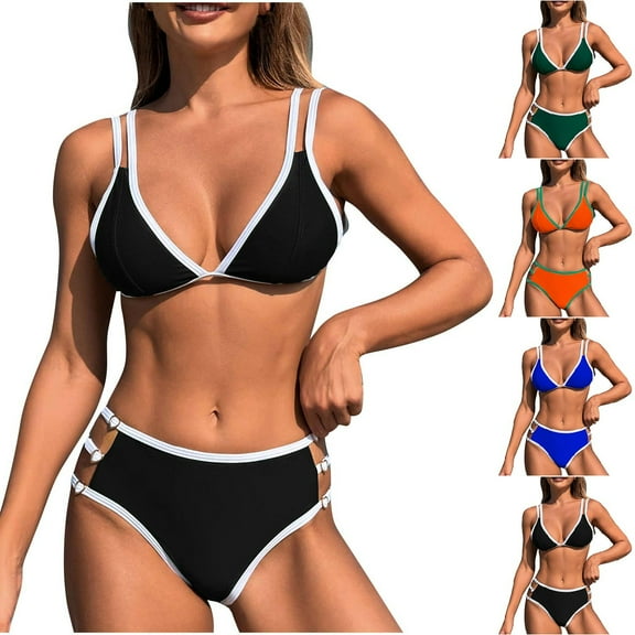 Saving UTSJKR Women's Sexy Bikini Sets Color Block Two Piece Swimsuit Triangle Top Double Spaghetti Strap Bathing Suit Blue 12-14