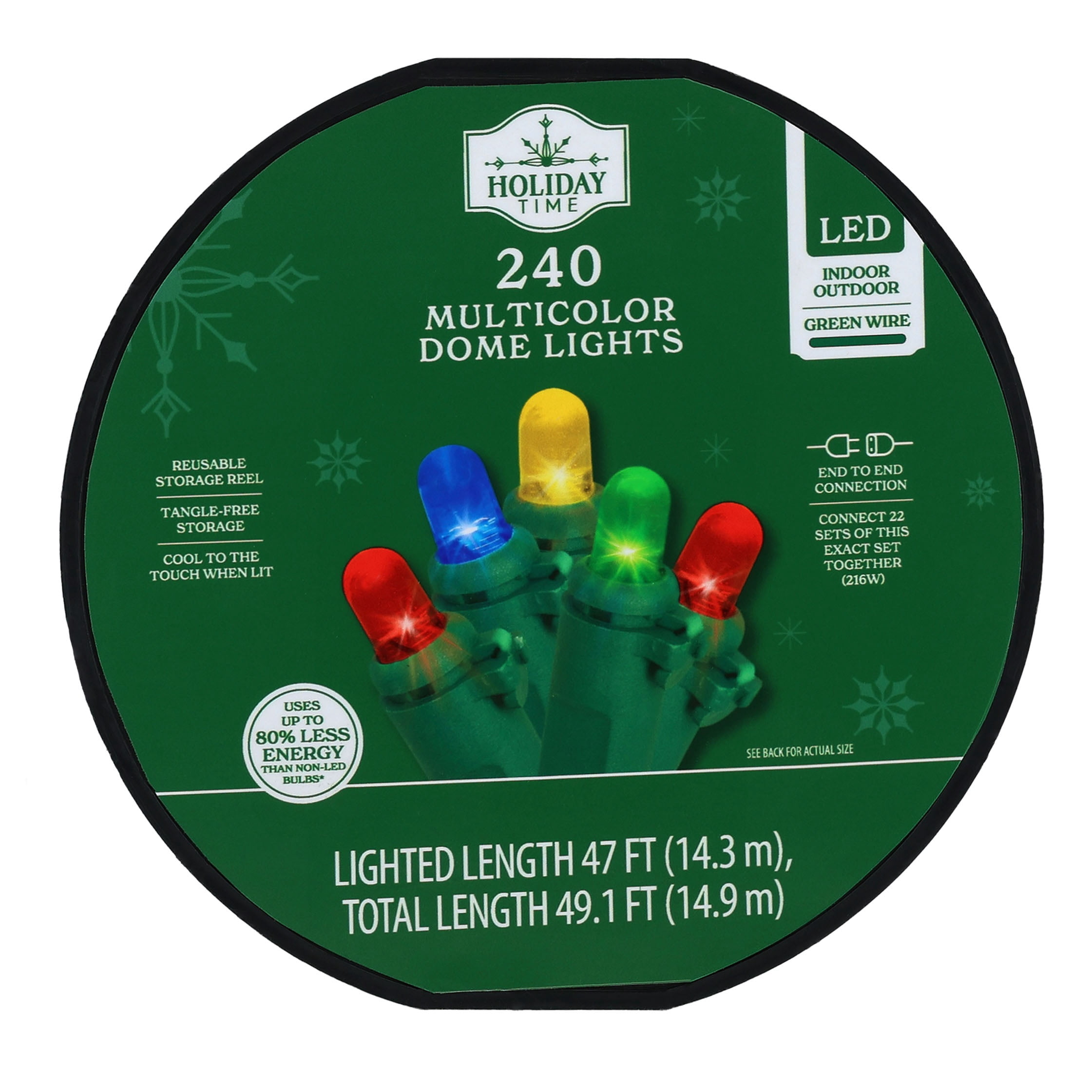 Indoor/Outdoor 240-Count LED Dome Christmas String Lights, Multicolor, Green Wire, 47', by Holiday Time