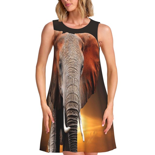 Xecao Robe d'Été Éléphant au Coucher du Soleil au Kenya pour Femmes Robe Décontractée de Plage Sans Manches avec Poches