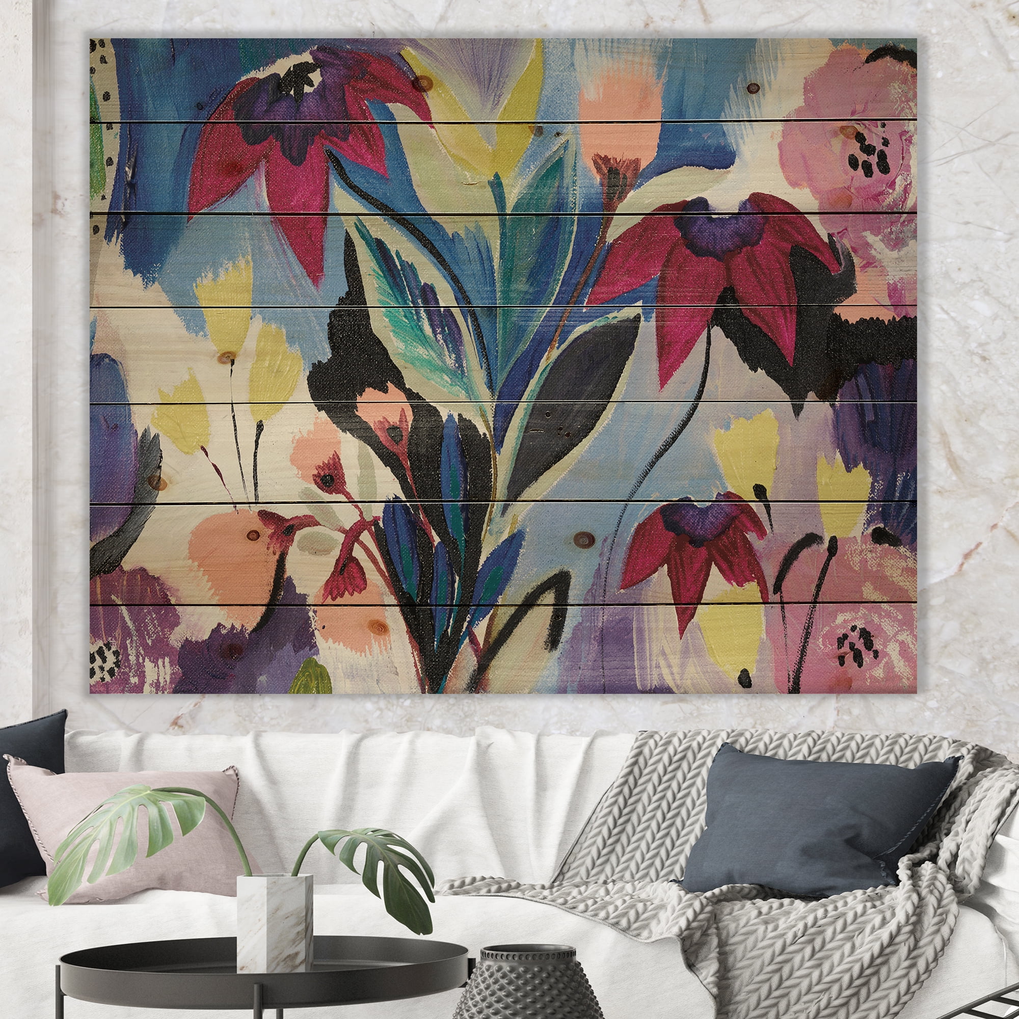 Designart 'Blue and Purple Flower Composition II' Floral Print on Natural Pine Wood