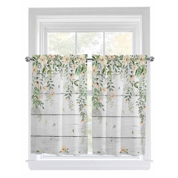 Watercolor Floral 2 Panel Kitchen Curtains for Windows, Spring Flowers Leaves Botanical Wood Grain Bathroom Privacy Curtain, Home Décor Window Treatment for Bedroom/Living Room 55"x45"