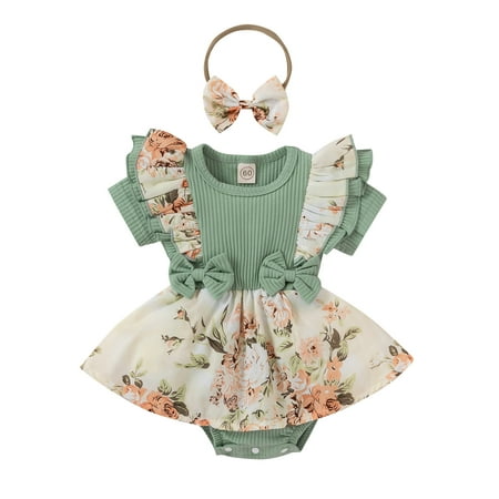 

Leotard Fabric Baby Girl Winter Outfits Girls Ruffles Short Sleeve Floral Printed Romper Bowknot Ribbed Bodysuits Headbands Outfits Baby Bodysuit Hand Cover
