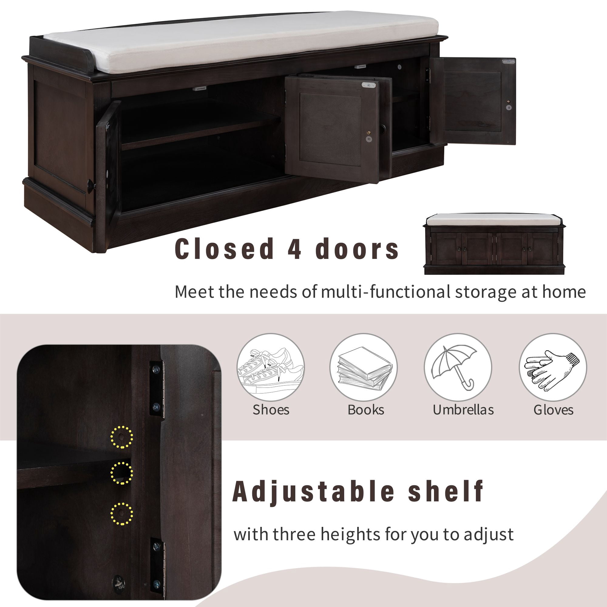 Aukfa Storage Bench with 4 Doors and Adjustable Shelves - Shoe Bench with Removable Cushion for Living Room - Espresso