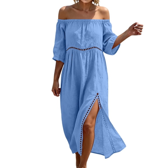 Eawtki Women's Off The Shoulder Three Quarter Sleeve Maxi Dress Eyelet Trim With Slit Loose Fit Casual Linen Blend Summer Dress