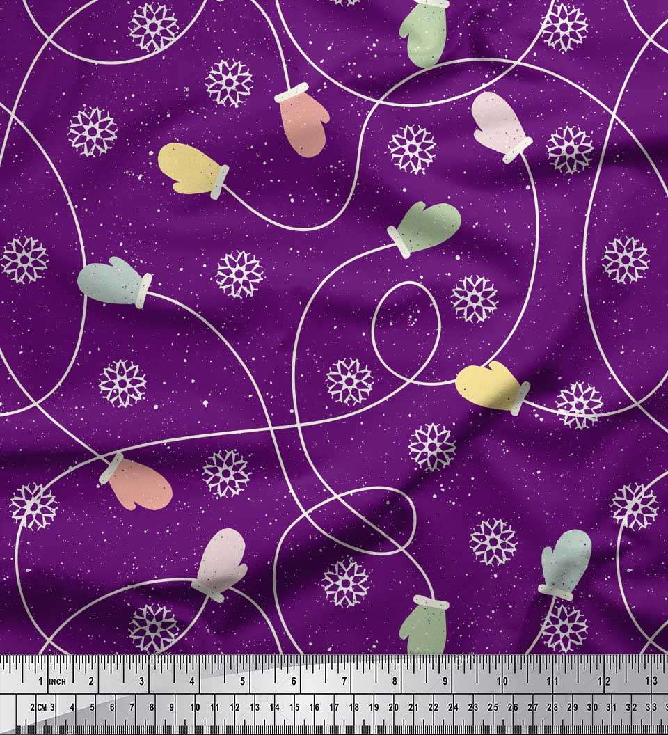 Soimoi Purple polyester Crepe Fabric Mandala & Gloves Kids Print Sewing