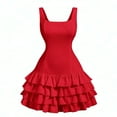 thumbnail image 2 of Women's Vintage Dress Smocked Straps Sleeveless Square Neck Solid Tiered Ruffle Dress Red XL, 2 of 5