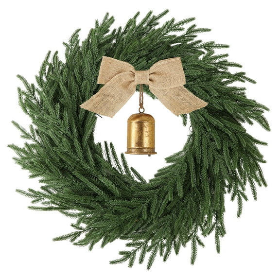 24 Inch Norfolk Pine Christmas Wreath 50 LED Lights Ribbon And Gold Bell Holiday Decoration For Front Door Outdoor，Green
