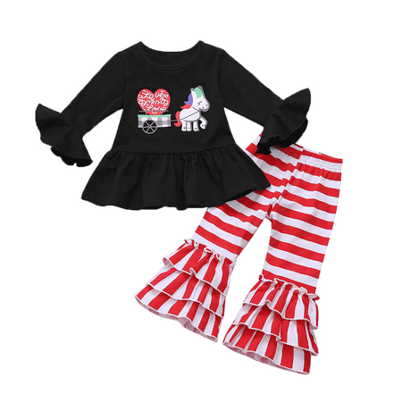 

Infant Baby Girls 2 Pieces Outfit Flared Sleeve T-shirt Pony Print Tops + Stripe Ruffle Bell Bottom Pants Set