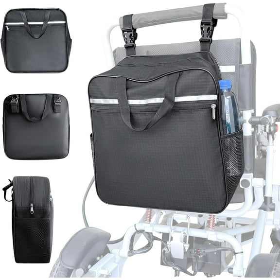 Large Wheelchair Backpack - Heavy Duty Storage Organizer for Electric/Mobility Wheelchairs & Rollators - Easy Install Hanging Bag for Adults, Elderly & Disabled (Black)